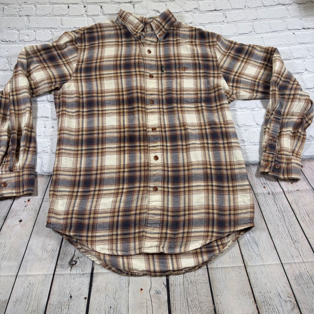 GH Bass & Co Mens Small Brown Plaid Flannel Long Sleeve Button Down Shirt Cotton